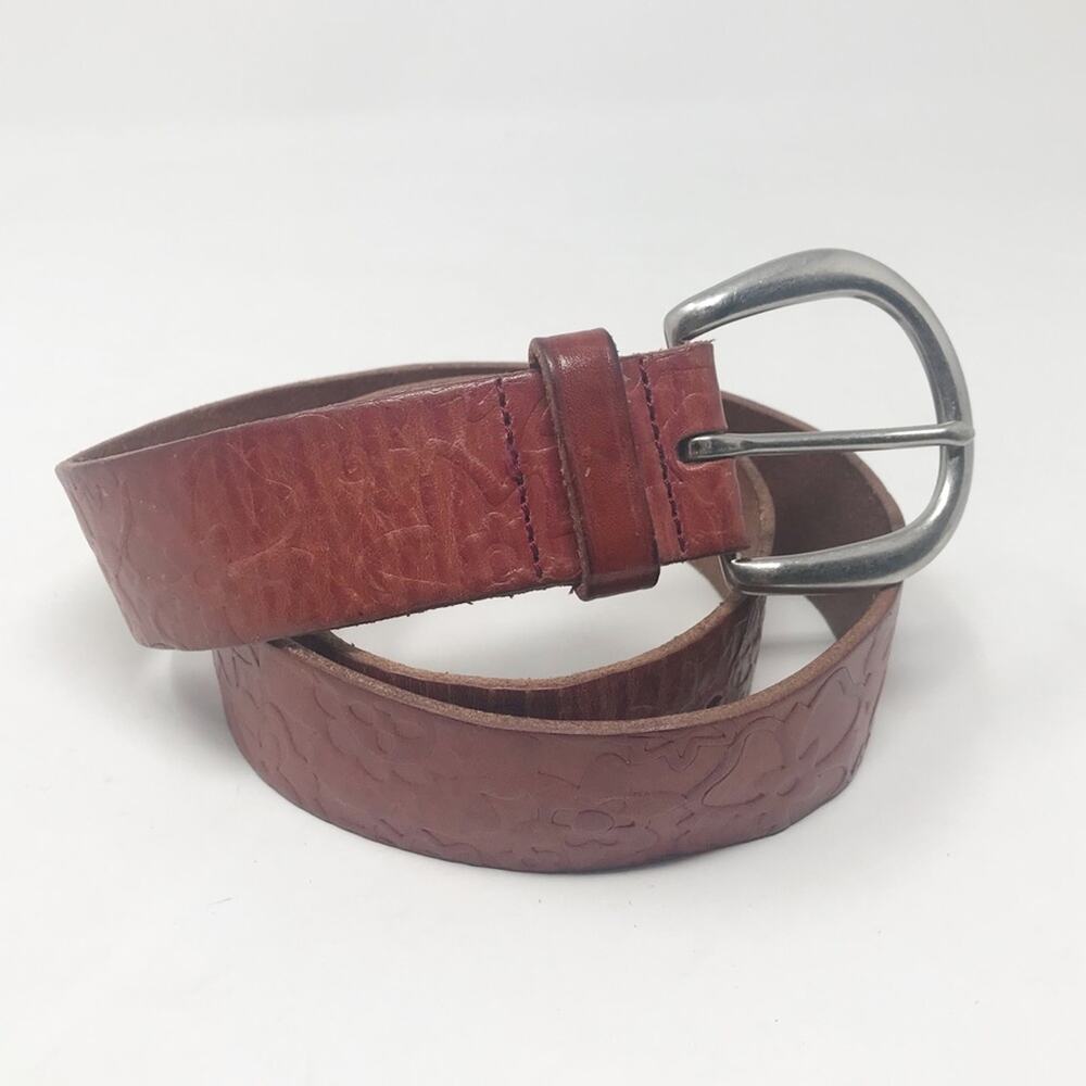 Vintage Fossil Y2K Brown Leather Tooled Floral Western Distressed Belt womens S